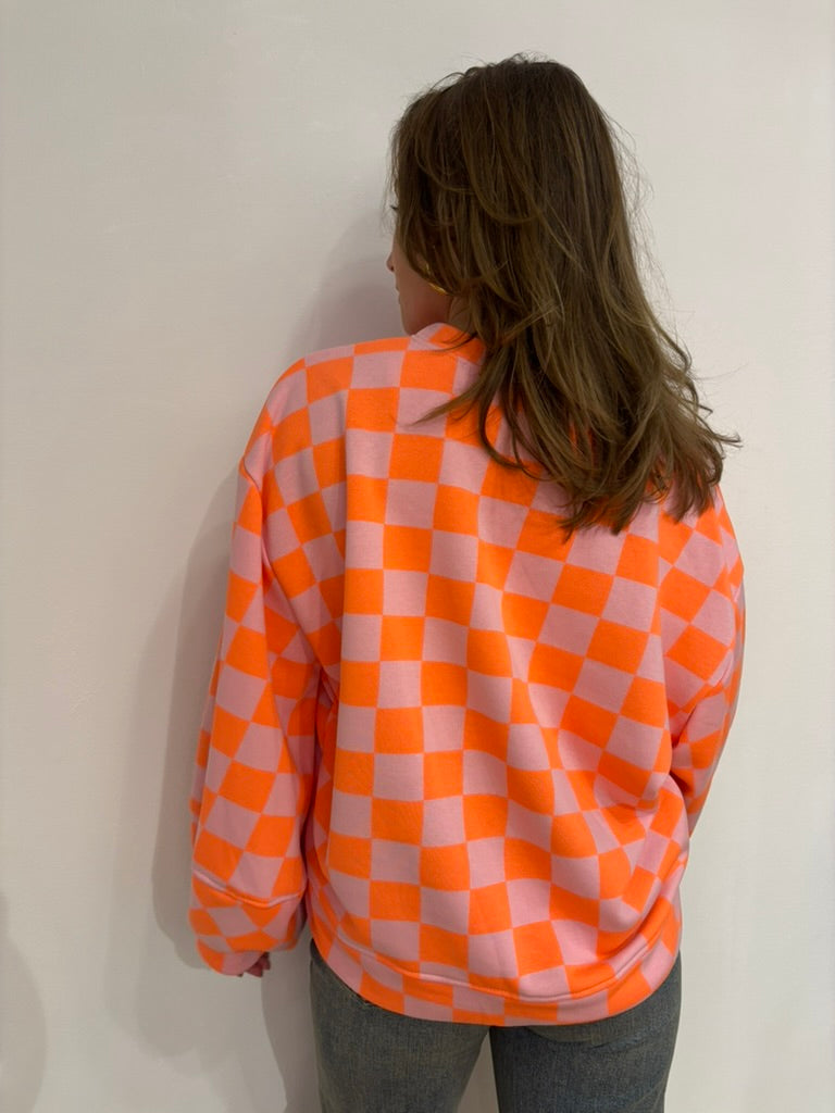 Pien geblokte sweater oranje/paars