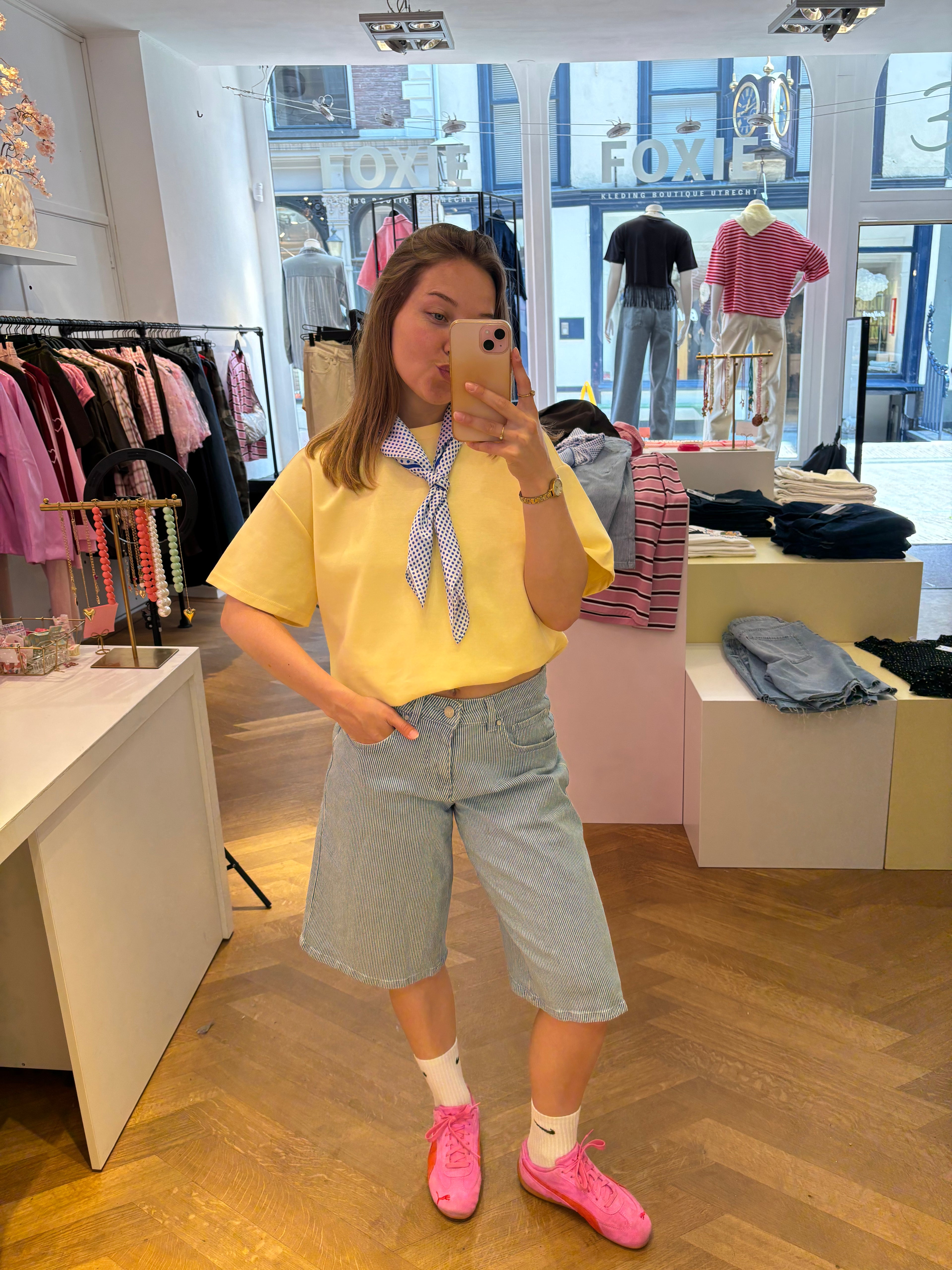 Roos gestreepte denim bermuda