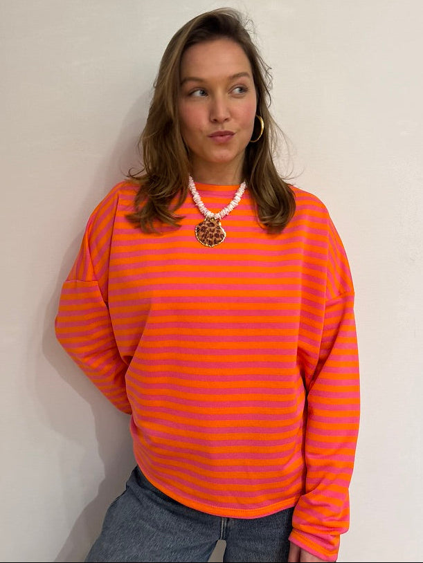 Milou oversized streep shirt roze/oranje