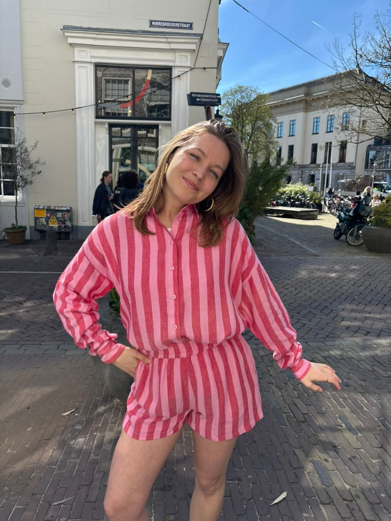 Leila linnen oversized blouse rood/roze gestreept