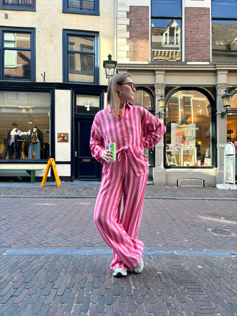Leila linnen broek rood/roze gestreept