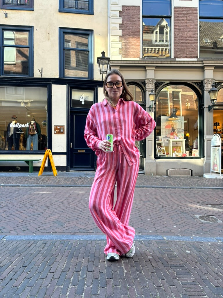 Leila linnen broek rood/roze gestreept