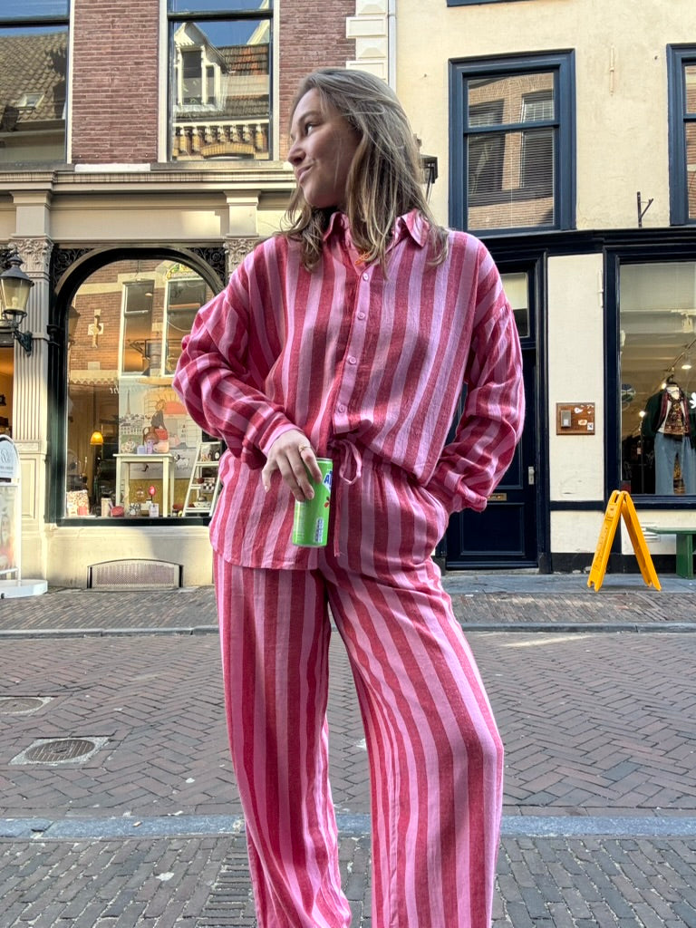 Leila linnen oversized blouse rood/roze gestreept