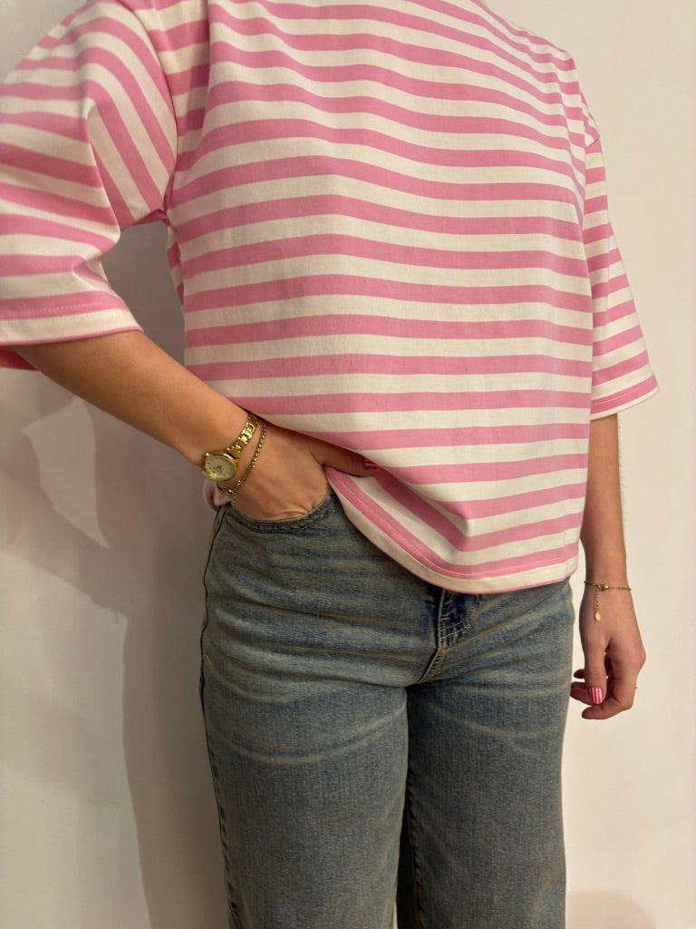 Amber streep shirt roze/wit