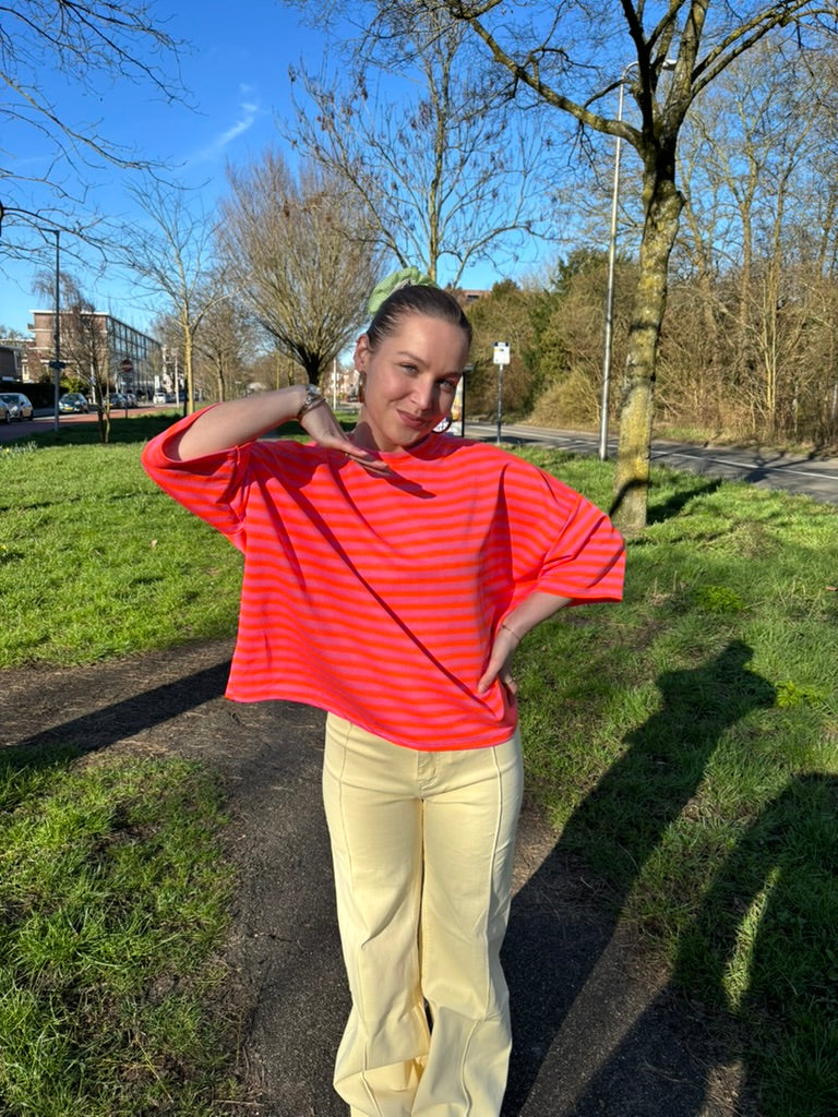 Milou oversized streep t-shirt roze/oranje