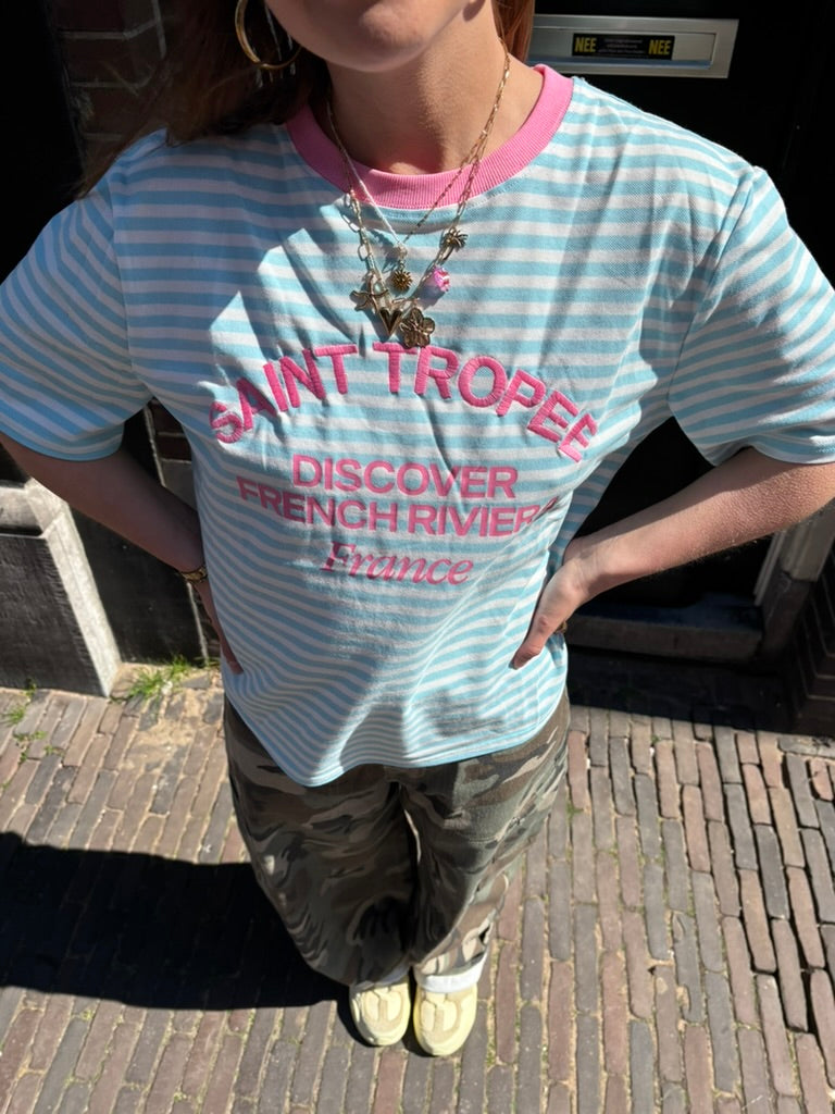 Lena streep shirt blauw/roze