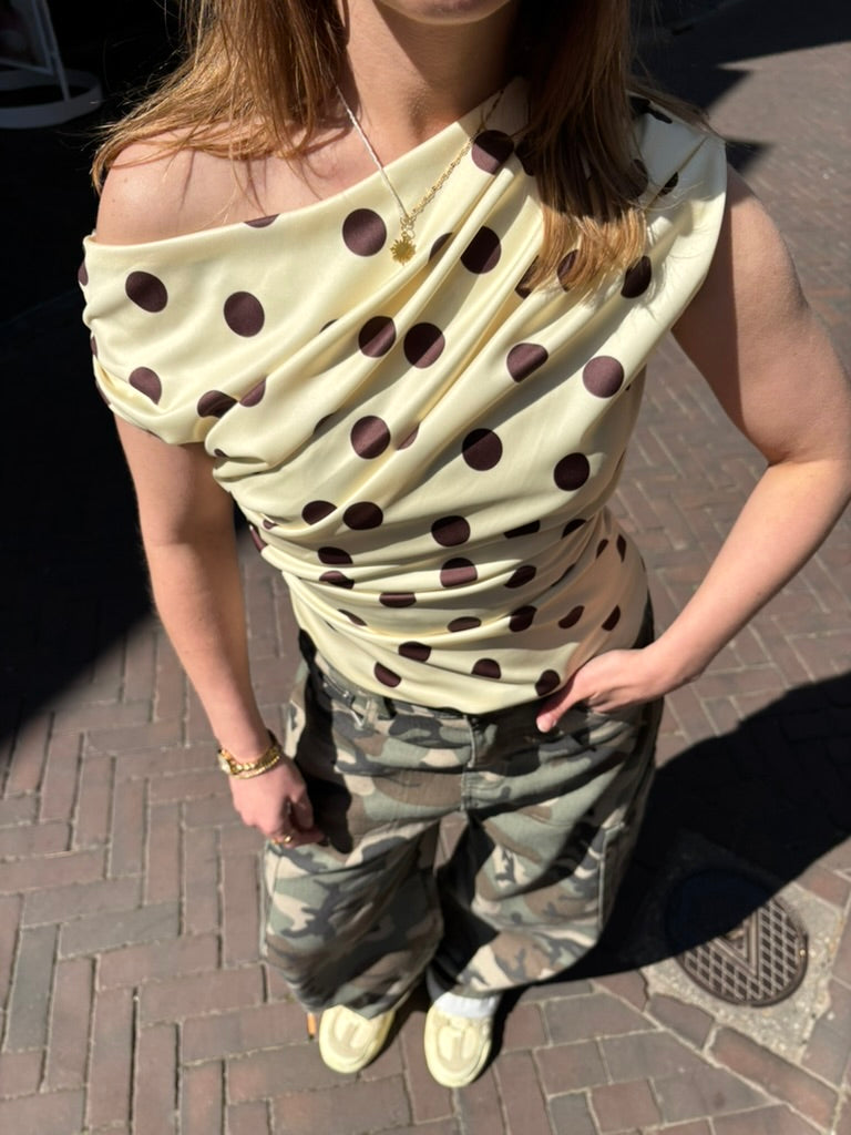 Fien top off-shoulder polka dot geel/zwart
