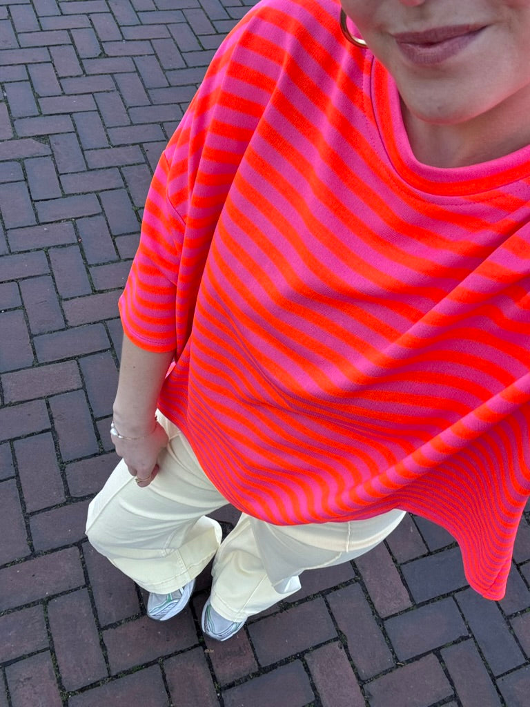 Milou oversized streep t-shirt roze/oranje