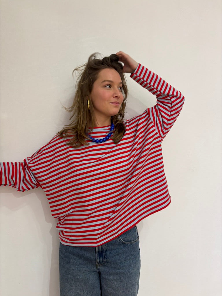 Milou oversized streep shirt rood/blauw