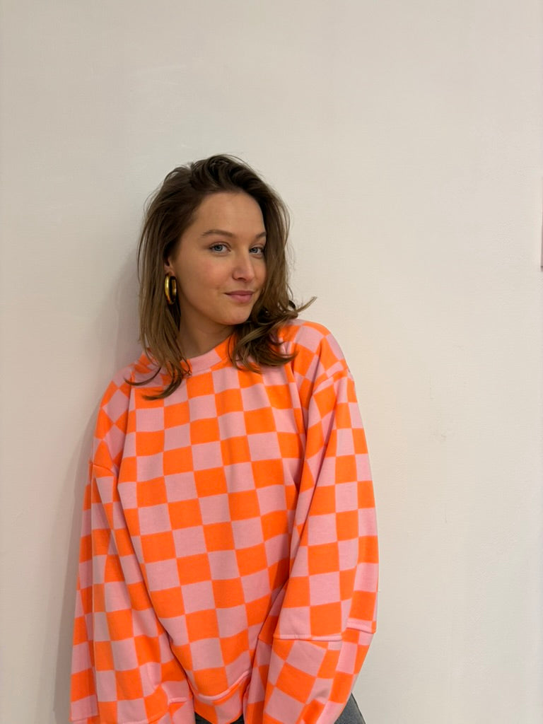 Pien geblokte sweater oranje/paars