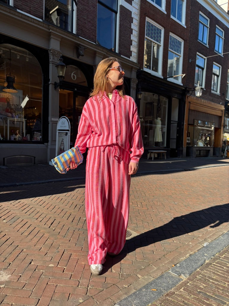 Leila linnen broek rood/roze gestreept