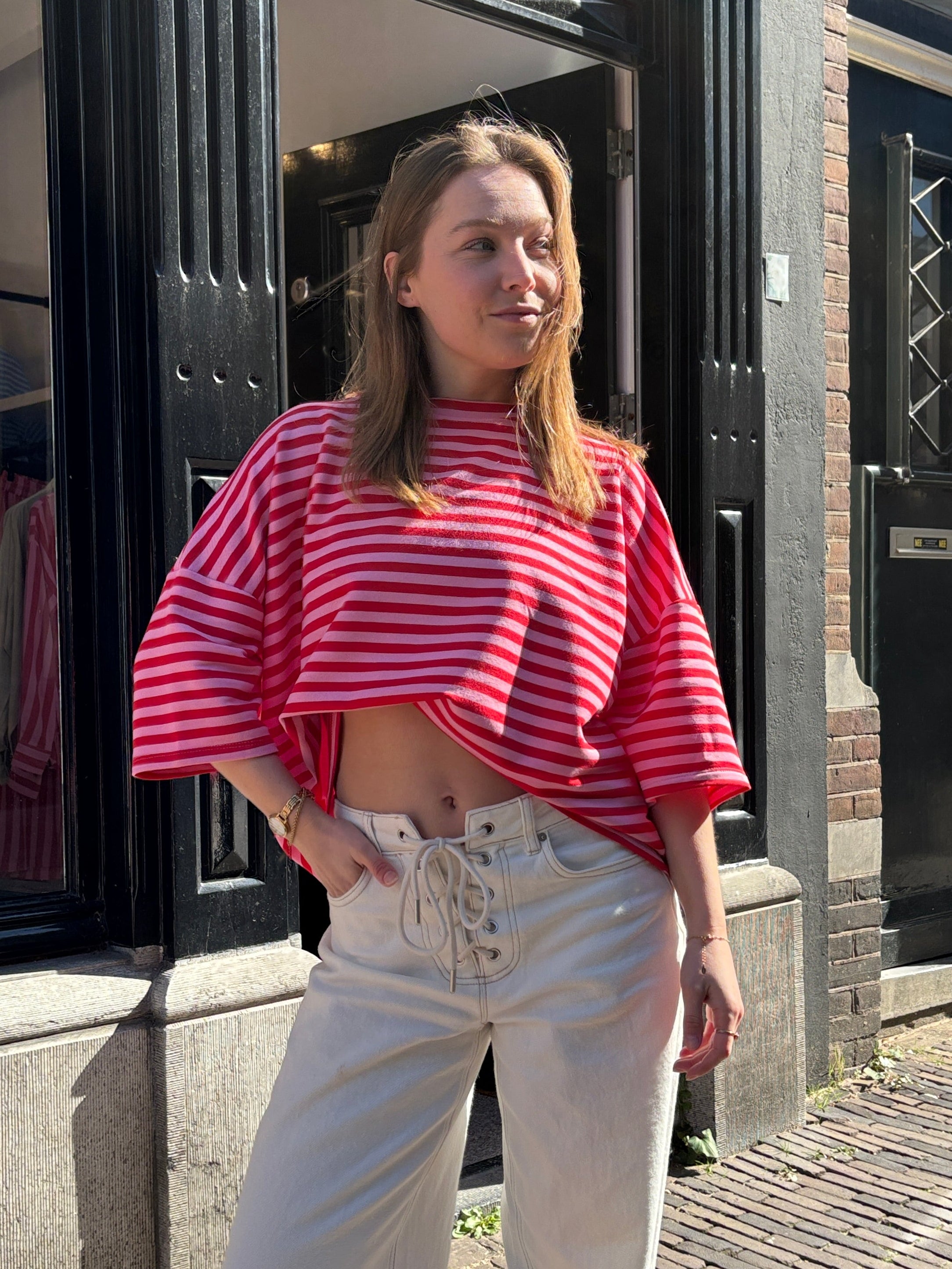 Milou oversized streep t-shirt roze/rood
