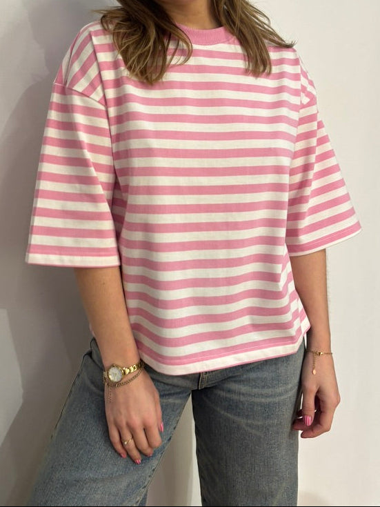 Amber streep shirt roze/wit