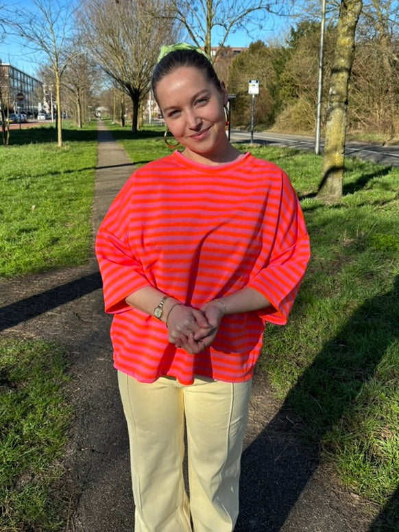 Milou oversized streep t-shirt roze/oranje