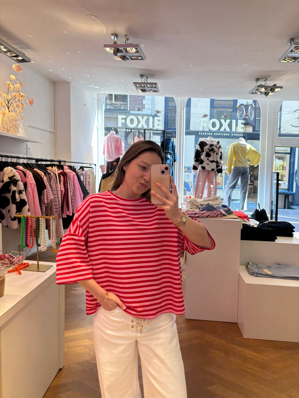 Milou oversized streep t-shirt roze/rood