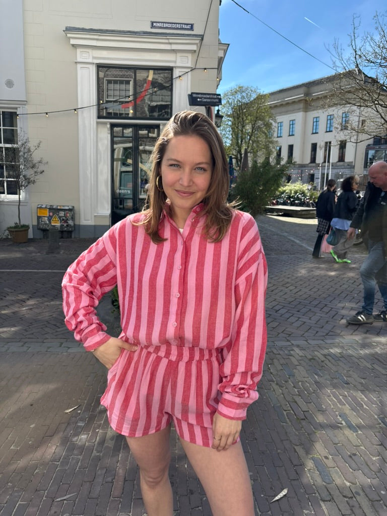 Leila linnen shorts rood/roze gestreept