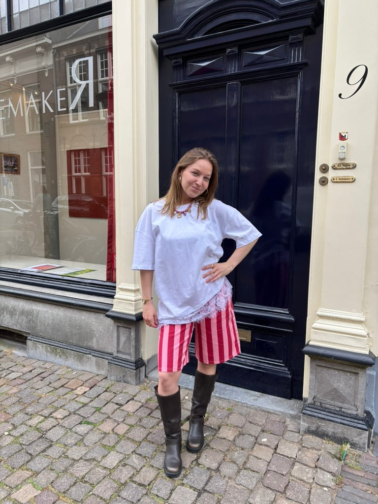 Daantje streep denim jort roze/rood