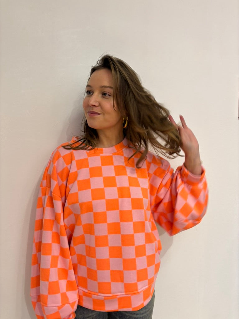 Pien geblokte sweater oranje/paars
