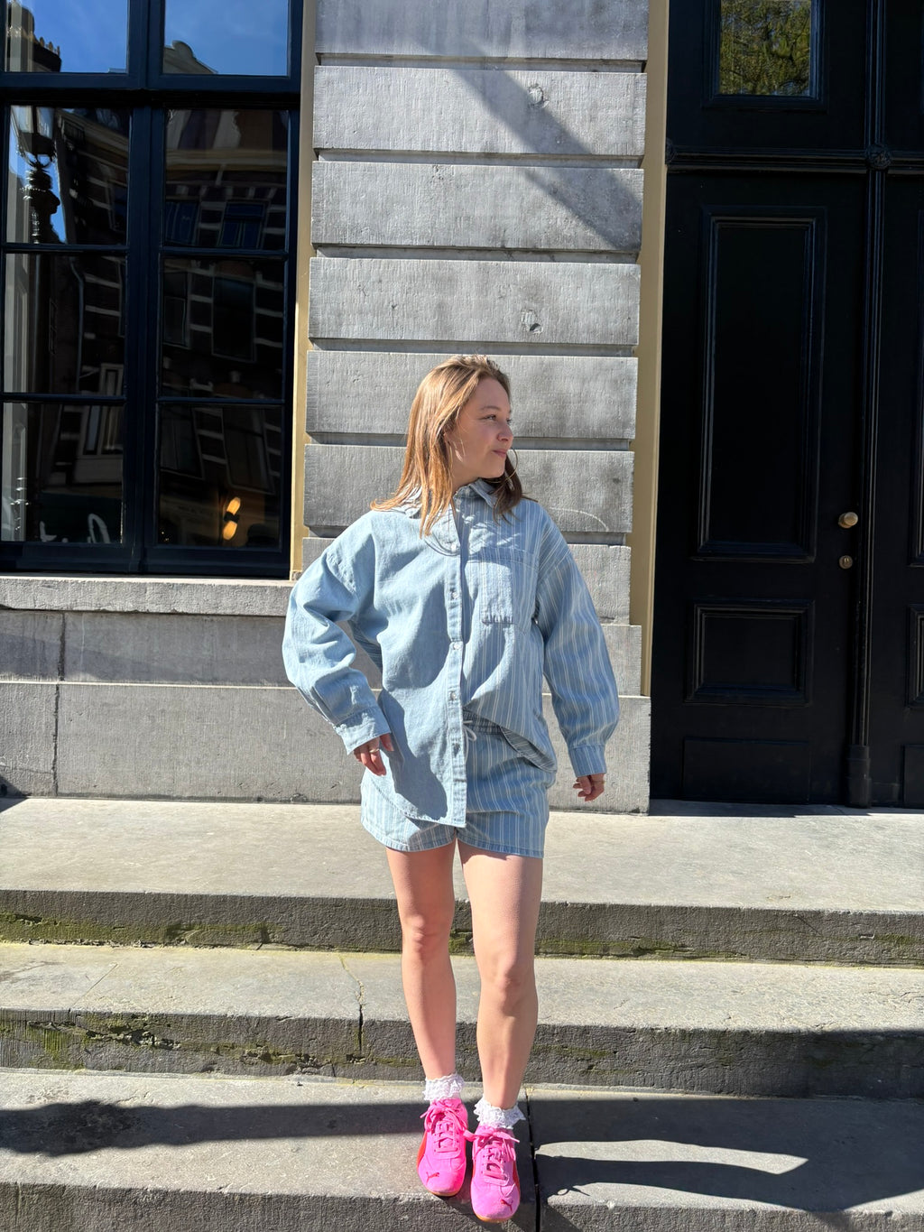 Indy gestreepte blouse licht denim blauw