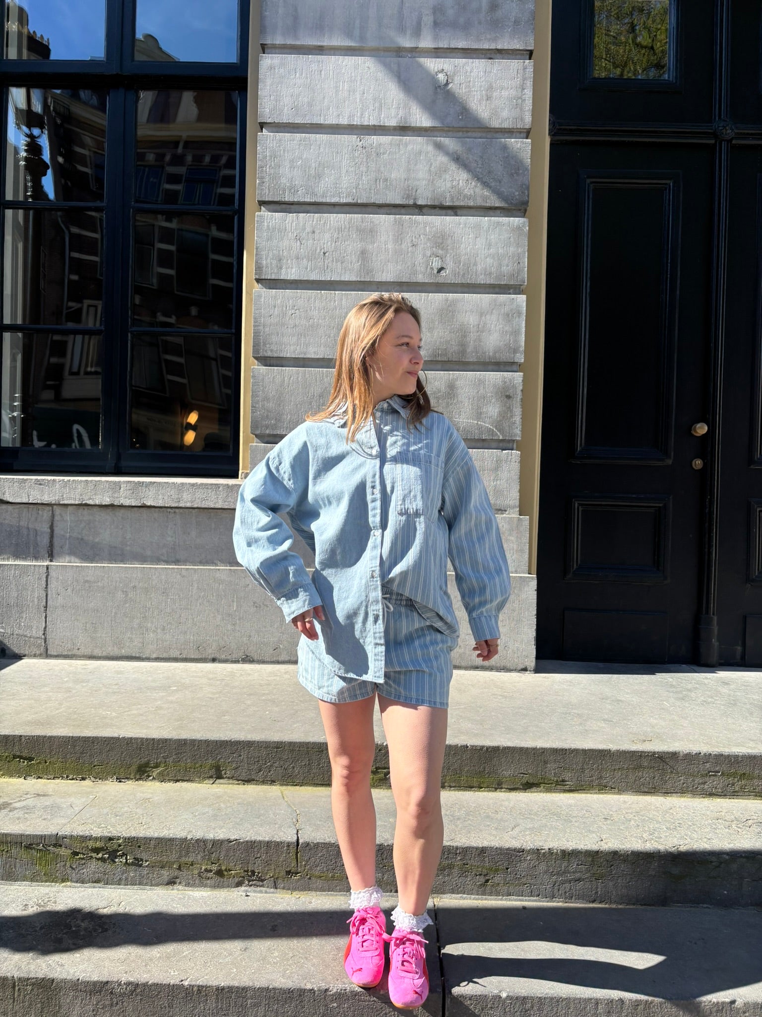 Indy gestreepte blouse licht denim blauw
