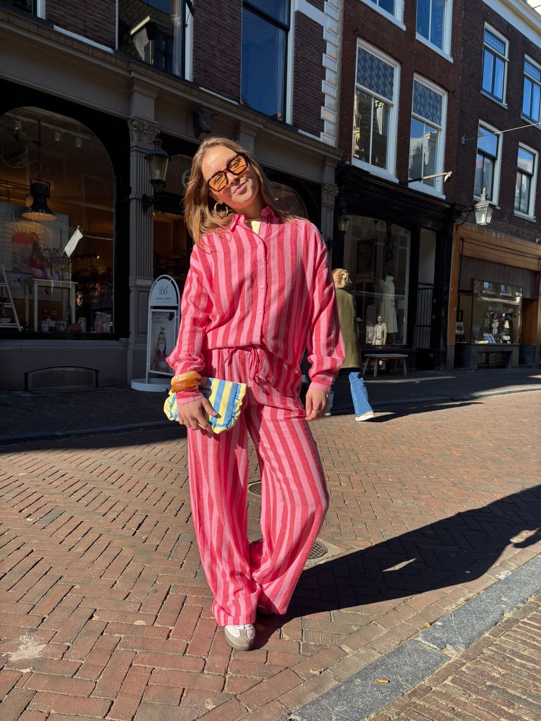 Leila linnen oversized blouse rood/roze gestreept