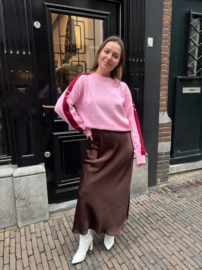 Jessy satijnen middellange rok bruin