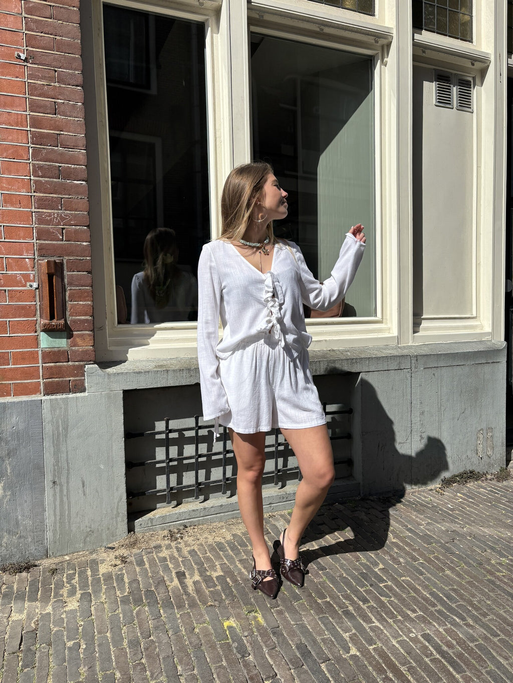Leila strikjes linnen blouse wit