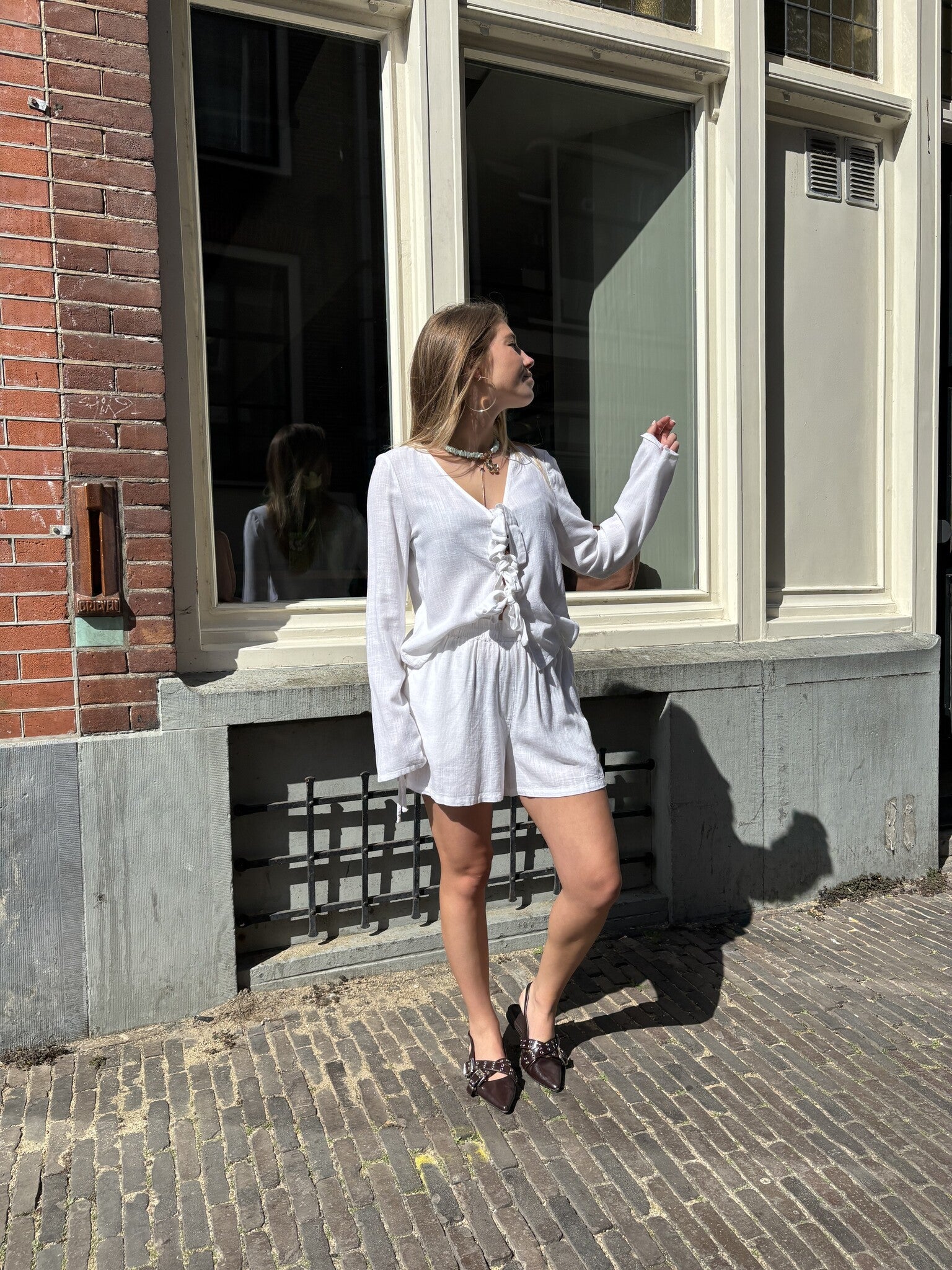 Leila strikjes linnen blouse wit