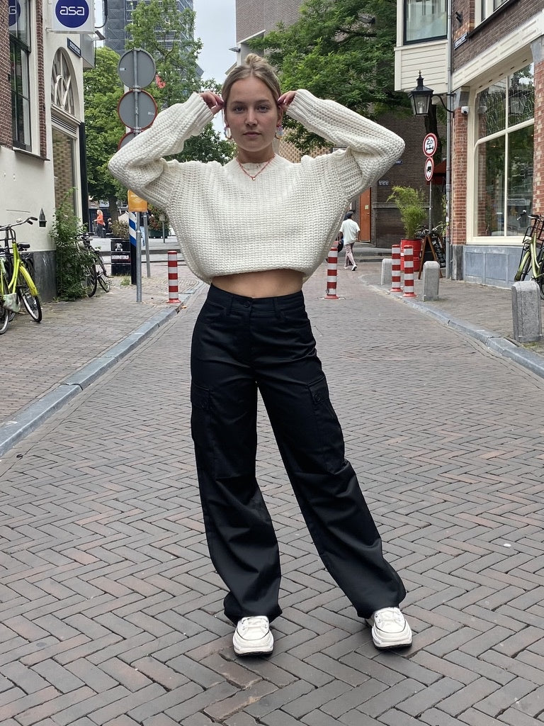 Drewie high waisted wide leg cargo broek zwart