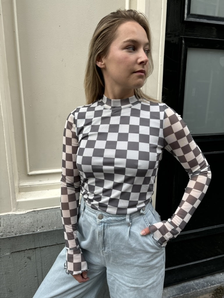 May longsleeve mesh checkered grijs