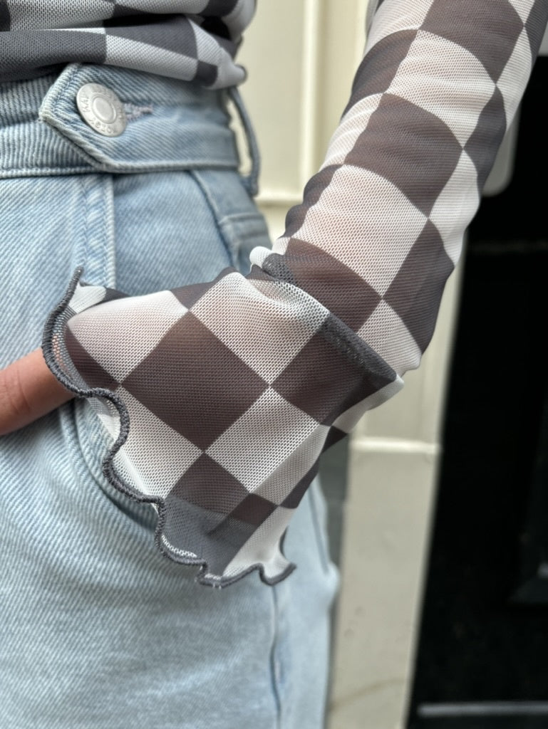 May longsleeve mesh checkered grijs