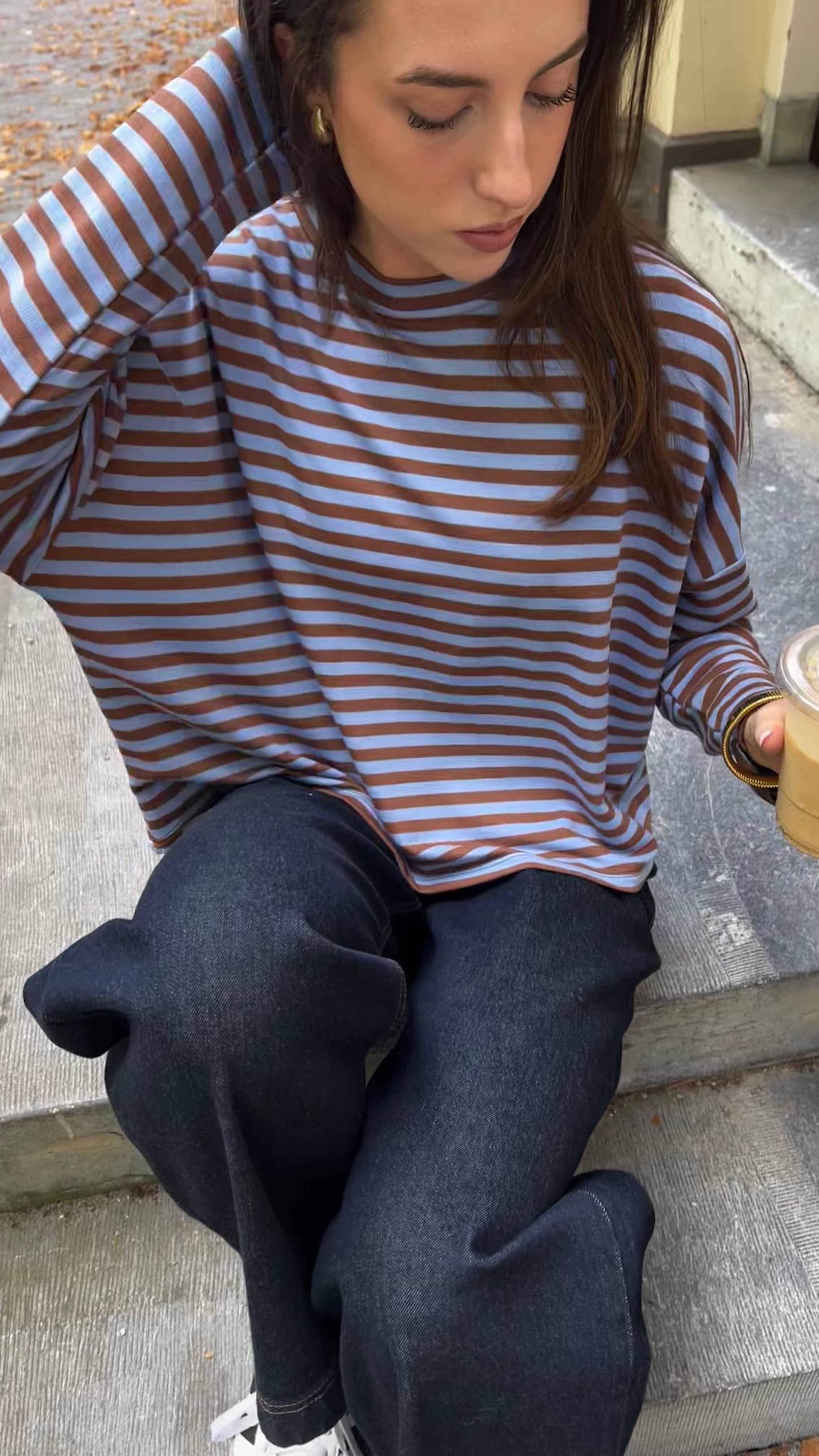 Milou oversized streep shirt blauw/bruin
